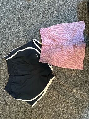 BUNDLE Nike Black Athletic Shorts w/ White Trim & pink zebra compression shorts